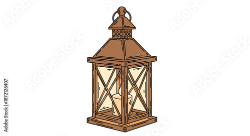 Classic square wooden lantern with a burning candle inside, featuring glass panes and metal details for a cozy atmosphere.