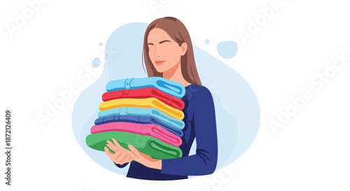 Young woman with long brown hair smiling as she holds a high stack of neatly folded colorful clothes in her arms.