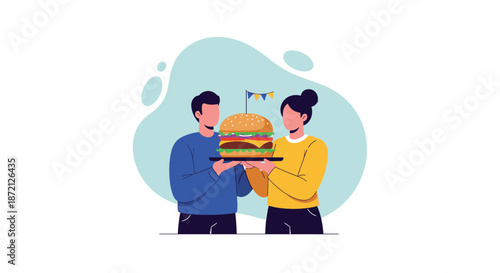 Man and woman together holding a large multi layered hamburger decorated with party flags against a soft blue background.