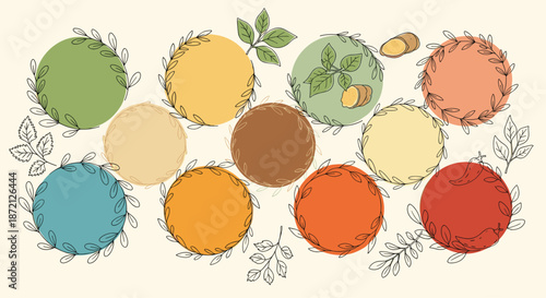 Collection of colorful circular frames decorated with hand drawn herbal and plant sketches including leaves and small vegetables.