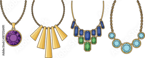Set of gold necklaces with precious gemstones and geometric pendants isolated on white background, luxury jewelry cad drawing flat vector illustration collection