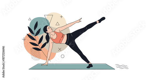 Woman performing advanced side plank yoga pose with leg lifted against an abstract geometric background for fitness and wellness concepts.