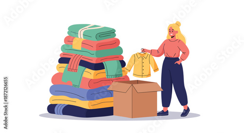 Young woman sorting through a large stack of folded clothes to put into a cardboard donation box for charity and sustainable fashion.