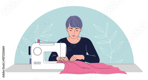 Focused young woman working with a modern electric sewing machine on pink fabric in a creative studio with a floral background design.