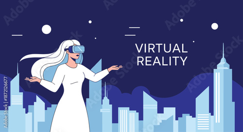 Woman wearing a virtual reality headset standing in front of a blue futuristic cityscape illustration representing digital metaverse technology.