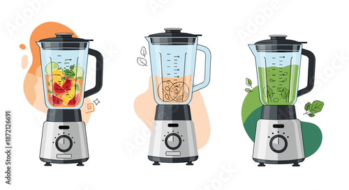 Set of three electric blenders containing various healthy smoothie ingredients like mixed fruit, orange juice, and green leafy vegetables.
