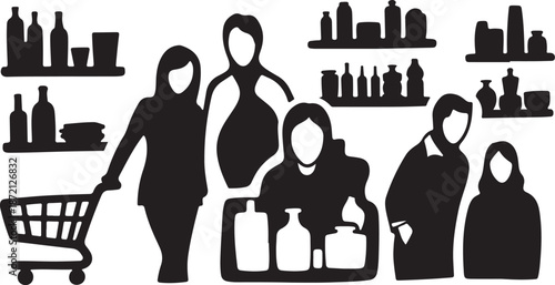 Silhouette of people shopping with cart and bottles on shelves