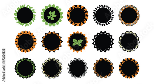 Large collection of diverse circular black frames decorated with various green leaves and orange floral motifs for logo and label designs.