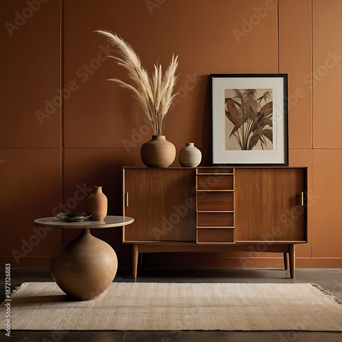 Modern Living Room Interior With Wooden Sideboard, Pampas Grass and Warm Earth Tone Wall. Minimalist Home Decor With Wooden Cabinet, Neutral Vases and Pampas Grass in Cozy Interior