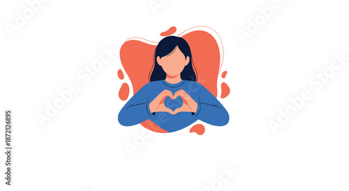 Minimalist illustration of a girl with dark hair making a heart shape with her hands over an abstract orange background to symbolize love.