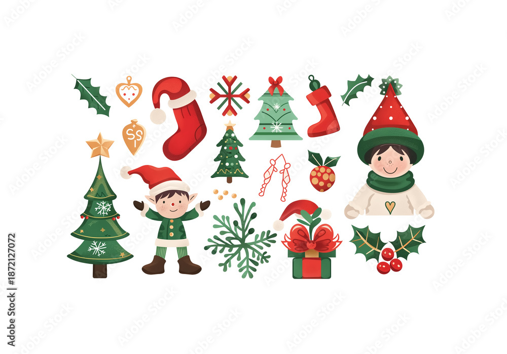Naklejka premium Christmas design elements set, elf, snow flakes, winter decorations, holiday background theme, merry christmas weihnachten kerst concept