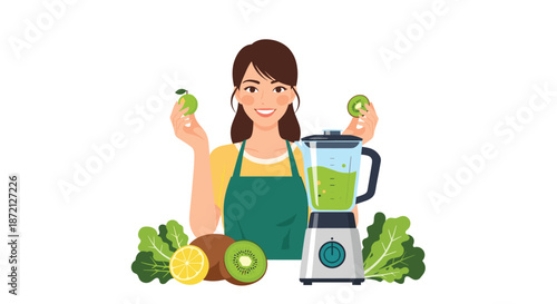 Smiling young woman wearing a green apron standing with a blender and various fresh fruits and leafy vegetables to make a healthy smoothie.