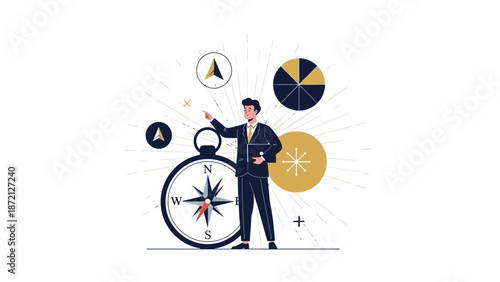 Businessman with Compass, Chart, and Navigation Icons - Business Strategy Concept
