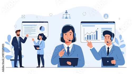 Customer Service Team Meeting: Analyzing Business Growth Charts for Success
