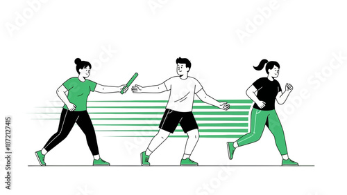 Teamwork Relay Race: Diverse People Running and Passing Baton