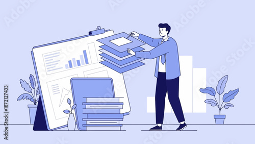 Business analysis concept: man sorting documents and charts on a clipboard.