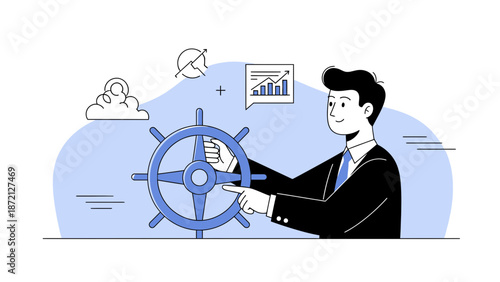 Businessman steering ship wheel, leading business growth and strategy