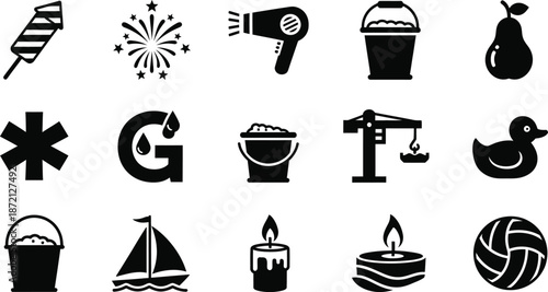 Holi day icon set colorful festival symbols and objects
