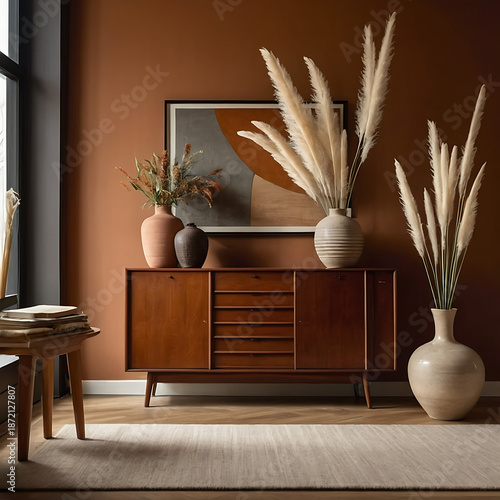 Modern Living Room Interior With Wooden Sideboard, Pampas Grass and Warm Earth Tone Wall. Minimalist Home Decor With Wooden Cabinet, Neutral Vases and Pampas Grass in Cozy Interior