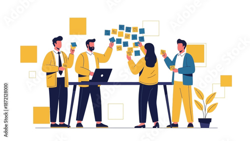 Team Brainstorming with Sticky Notes and Laptop on Whiteboard