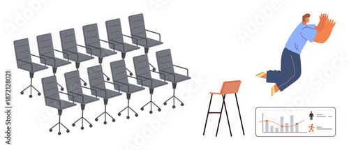 Workplace innovation, job transitions, career challenges, teamwork, organizational data, employee metrics. Rows of office chairs, a data chart and a figure in action. Workplace innovation and job