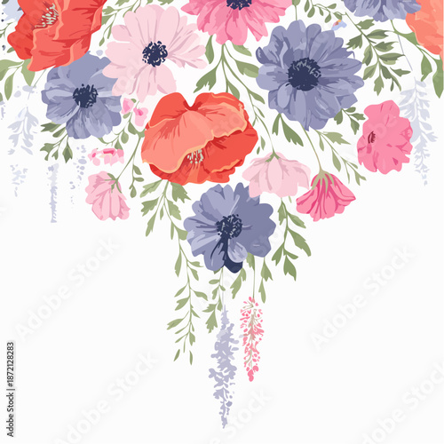 Dense downward cascade of asters and poppies from a single upper point,