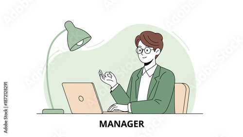 Office Manager Working on Laptop with Desk Lamp, Business Illustration