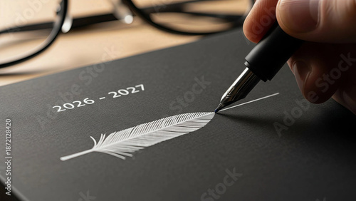 Wallpaper Mural Strategic Future Planning: Hand Writing 2026-2027 Goals in a Stylish Black Planner with Elegant Feather Motif Torontodigital.ca