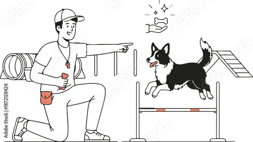 A fun cartoon vector illustration of a person and woman at the office with a man and dog, dog, dog and cat drawing in a sketch style showing a business doctor and boy at their job