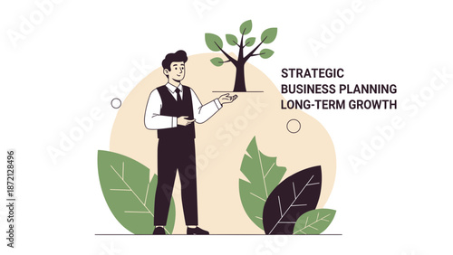 Businessman nurturing a growing tree for strategic business planning and long-term growth concept