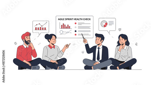 Agile team meeting, sprint health check presentation, data analysis, collaboration