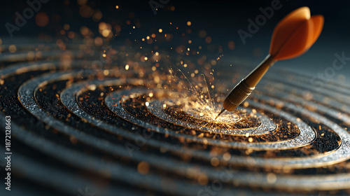 Dart hits bullseye with sparks flying everywhere around target