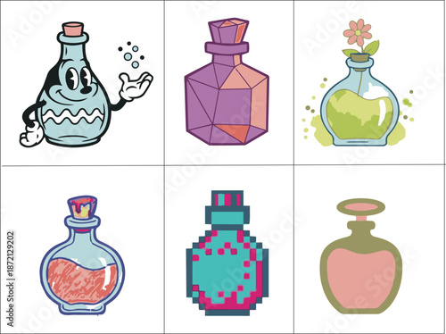 Magic Potion Bottles And Beverage Container Illustration Set Featuring Fantasy Elixirs, Soda, Wine, And Perfume Designs