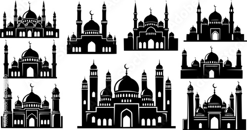 Collection of various mosque silhouettes with minarets and domes.
