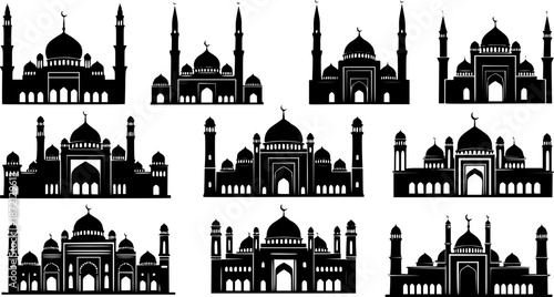Collection of various mosque silhouettes with minarets and domes.

