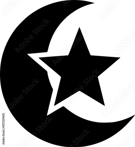 Black crescent moon and star graphic with Ramadan Mubarak text below on white background Islam Islamic
