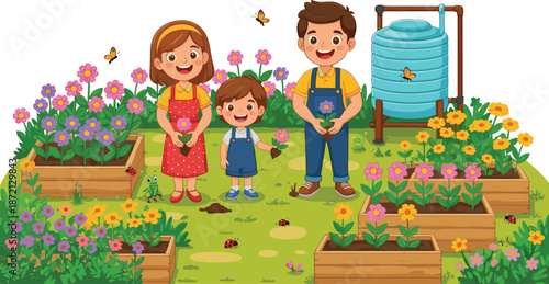 Happy children gardening in vibrant flower beds, outdoor nature activity, sustainable lifestyle, kids planting flowers, cheerful garden scene, eco-friendly learning, springtime fun, biodiversity joy