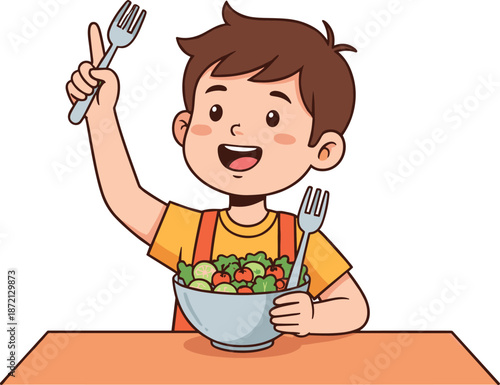 Happy child eating salad, healthy food joy, vegetable love, cartoon illustration, mealtime excitement, nutrition awareness, kid-friendly meal, smiling face, dining table, colorful vegetables
