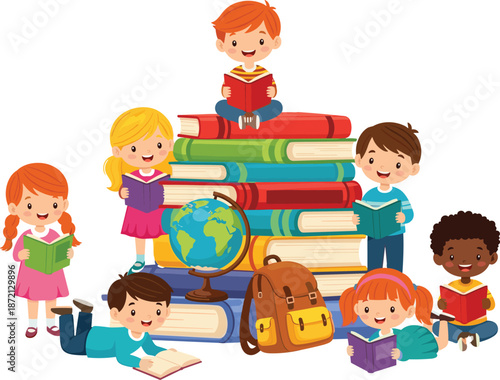 Happy children reading books, colorful education concept, kids learning together, school supplies, globe backpack, fun study, cute illustration