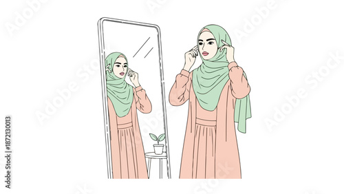 Illustration of a woman in a pink dress and green hijab adjusting her scarf in front of a mirror with a potted plant, flat design style with a clean white background.