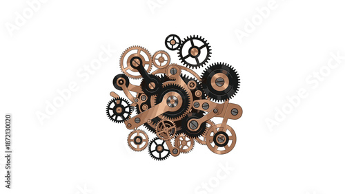 Interlocking collection of various metallic gears and cogs, demonstrating complex mechanical systems and industrial precision.