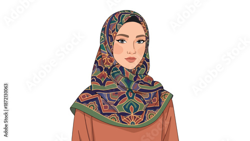Illustration of a woman wearing a colorful hijab and an orange top against a plain white background.