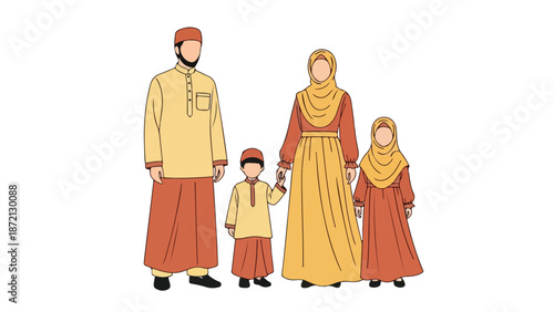 Illustration of a Muslim family of four wearing traditional clothing standing together on a white background.