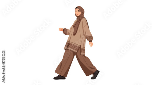 Full-body illustration of a woman wearing a hijab and casual clothing walking with a neutral expression against a plain white background.