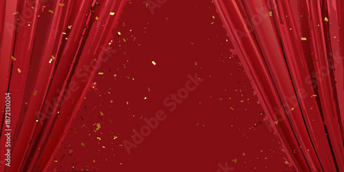 A dramatic red curtain backdrop with golden confetti stage presentation