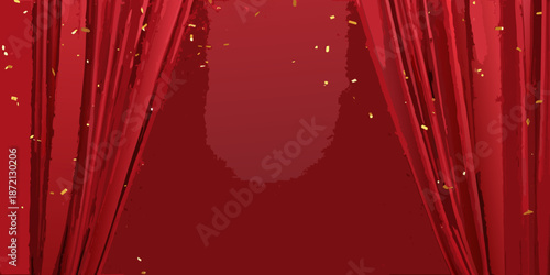 Red theater curtains with golden confetti falling creating a celebratory stage backdrop