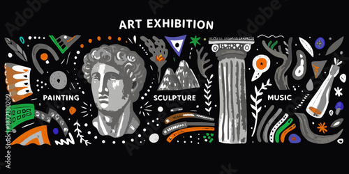 An art exhibition banner featuring classical art sculpture and musical elements