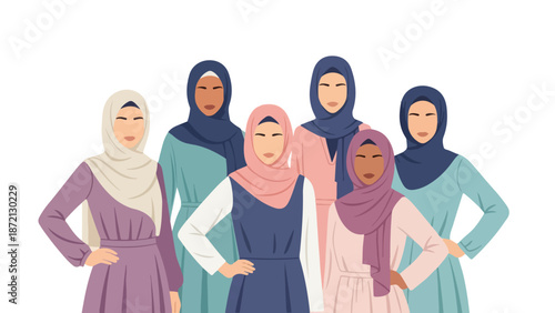 Illustration of a diverse group of women wearing hijabs and colorful dresses standing confidently with hands on hips against a clean white background.