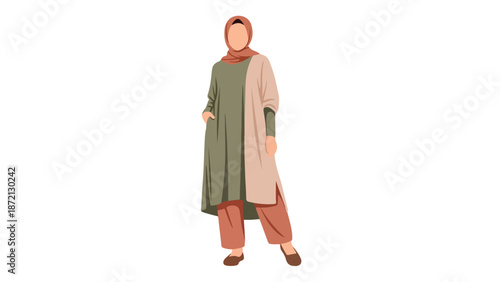 Full-body illustration of a woman wearing a hijab and a long green dress with a beige cardigan and red pants on a white background.