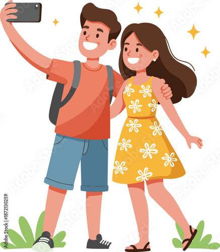 Happy couple taking selfie outdoors, summer travel adventure, cheerful moment, friendship bonding, smiling tourists, casual fashion, nature background, lifestyle photography, joyful vacation memory